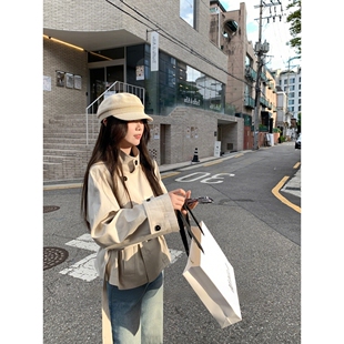 2025新款韩系短款风衣外套女早秋英伦风单排扣立领收腰薄外套上衣