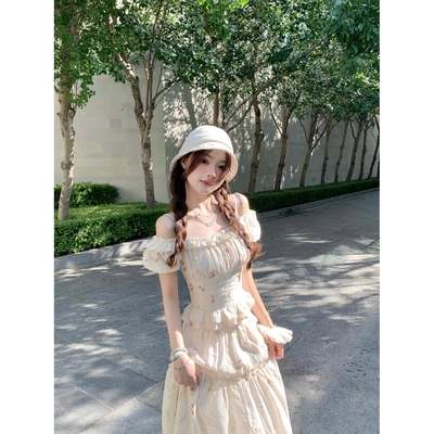一字肩两穿小衫碎花长裙套装女夏