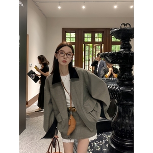 两件套复古英伦风千鸟格工装夹克外套女秋miu系千金半身短裙套装