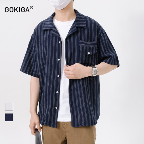 GOKIGA夏季潮流条纹短袖衬衫