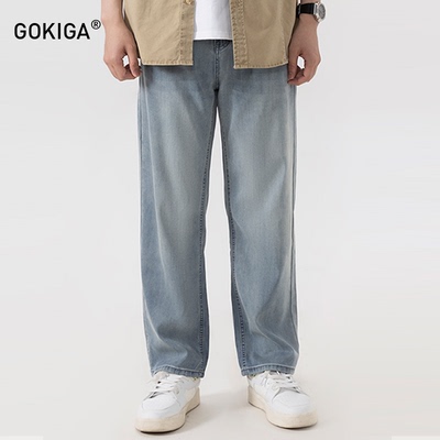 GOKIGA日系简约宽松直筒牛仔裤男