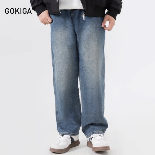 GOKIGA宫崎迦美式复古水洗宽松直筒牛仔裤男阔腿休闲长裤9009