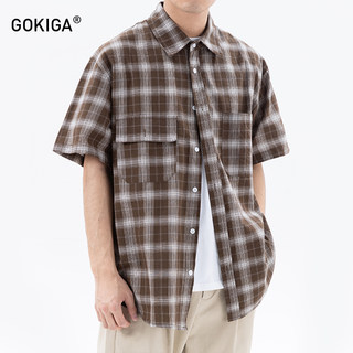 GOKIGA宫崎迦日系复古撞色格子短袖衬衫男夏季宽松衬衣外套潮1533