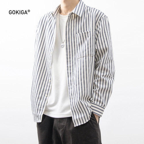 GOKIGA宫崎迦春秋文艺条纹衬衫男
