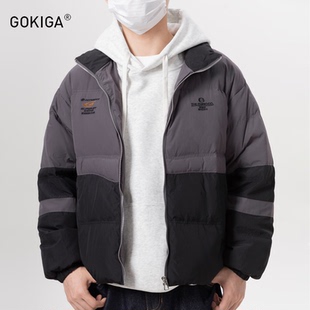 GOKIGA宫崎迦2025美式拼色刺绣羽绒服男潮流宽松立领厚外套冬1728
