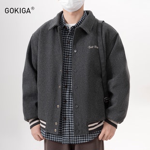 GOKIGA宫崎迦复古宽松翻领夹棉毛呢夹克男潮牌休闲棉服外套冬1595