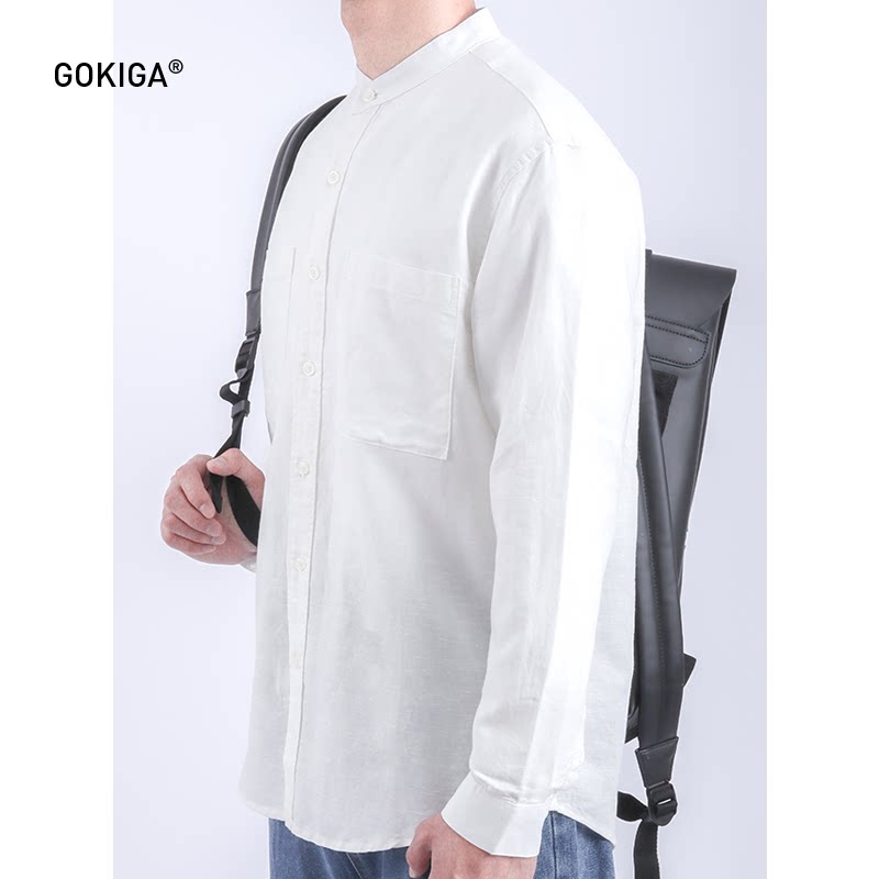 gokiga宫崎迦日系休闲春款新品潮流白色低领衬衫棉麻外套男2221