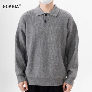 GOKIGA宫崎迦秋冬老钱风翻领毛衣男宽松休闲polo针织衫上衣潮8305