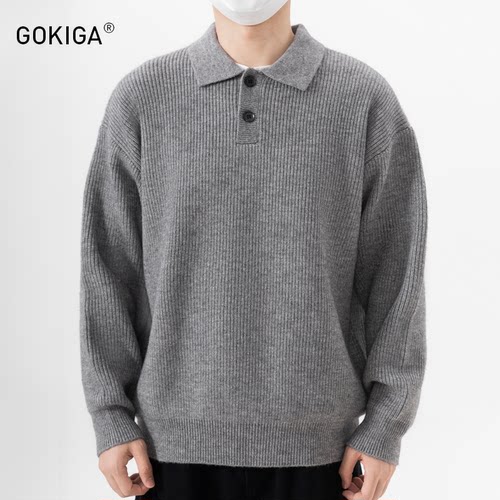 GOKIGA秋冬老钱风宽松翻领毛衣男