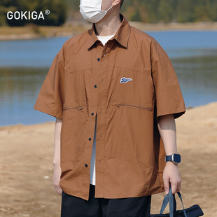 衬衫 GOKIGA宫崎迦夏季 短袖 男宽松五分袖 潮流复古工装 衬衣外套1106