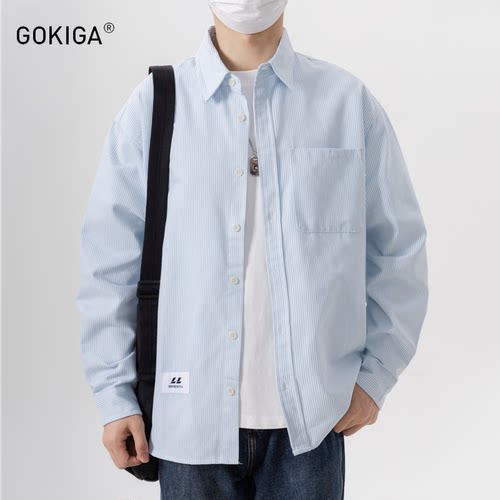 GOKIGA日系简约细条纹长袖衬衫男