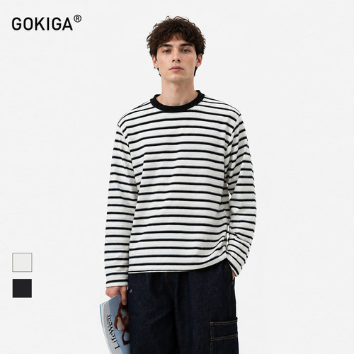 GOKIGA系复古宽松条纹长袖T恤