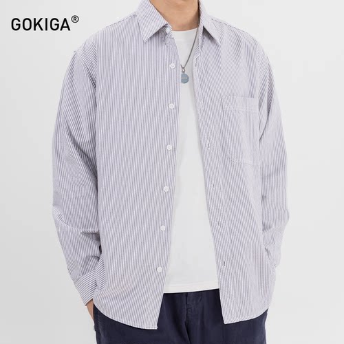 秋季日系潮流港风条纹长袖衬衫男