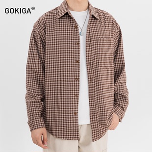 男休闲翻领衬衣外套潮2356 衬衫 GOKIGA宫崎迦秋季 复古撞色格子长袖