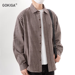 GOKIGA宫崎迦秋冬复古撞色格子长袖 男潮休闲翻领衬衣外套2376 衬衫