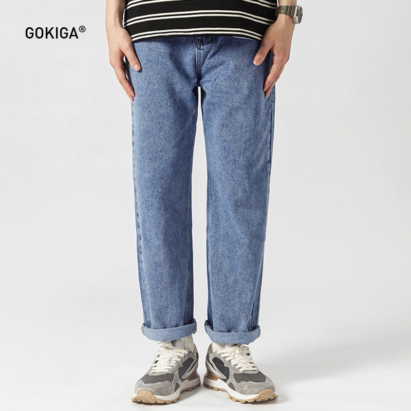 gokiga纯色日系水洗牛仔裤