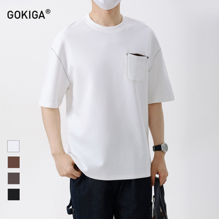 GOKIGA宫崎迦美式休闲明辑线短袖T恤男 夏季新款撞色口袋体恤6404