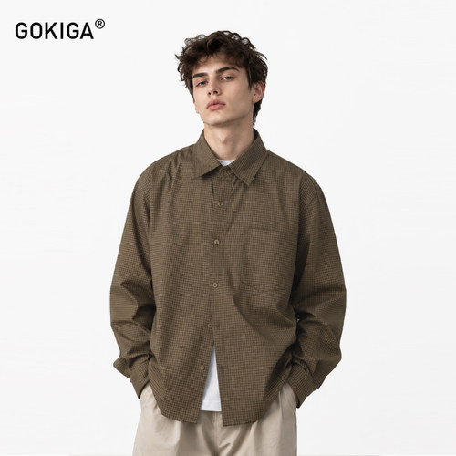 GOKIGA日系复古翻领长袖格子衬衫