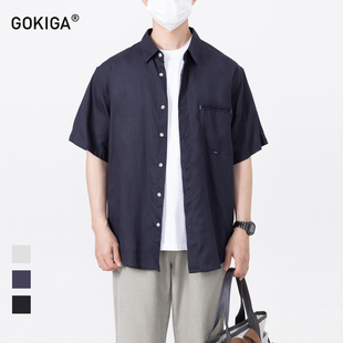 GOKIGA宫崎迦夏季日系莱赛尔短袖衬衫男宽松五分袖衬衣外套潮2378