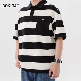 GOKIGA宫崎迦夏季宽松条纹短袖polo衫男 复古潮流翻领休闲T恤6635