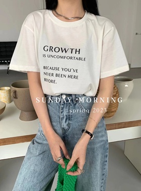 MORNING白色字母短袖t恤女春季新款薄款韩版宽松纯棉正肩体恤上衣