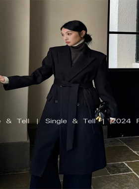 single黑色收腰毛呢大衣女24冬季新款羊毛中长款加厚宽松西装外套