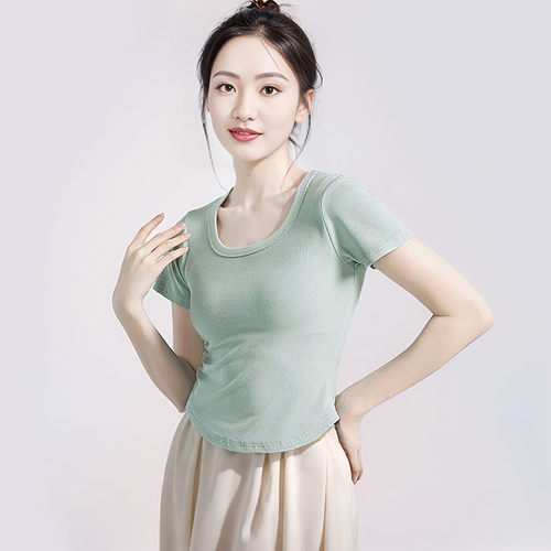 现代舞上衣女新款古典舞蹈服成人长袖T恤U领修身练功服形体训练服