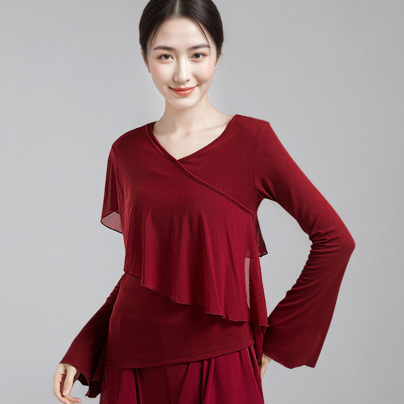古典舞蹈服新款网纱上衣飘逸荷叶边练功服中国舞民族演出身韵服女,运动/瑜伽/健身/球迷用品,现代舞服装,淘宝优惠券,粉丝福利购,淘宝优惠卷