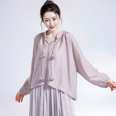 古典舞飘逸纱衣身韵宽松系带上衣