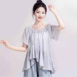 古典舞蹈服宽松短袖 纱衣飘逸练功服现代舞中国舞基训服上衣女成人