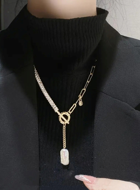 珍珠母贝锆石拼接款女毛衣链项链