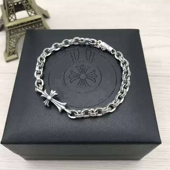 Silver Gill S925 Pure Silver Vintage Thai Silver Bracelet, Personalized Fashion Cross Bracelet for Couples, Men and Women, Long and Short Styles