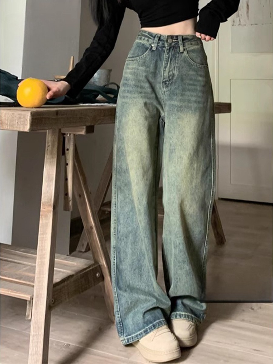 아메리칸 레트로 워시 디스트레스드 스트레이트 청바지 여성 봄 가을 새로운 하이 웨이스트 루즈 슬림 다용도 와이드 레그 팬츠