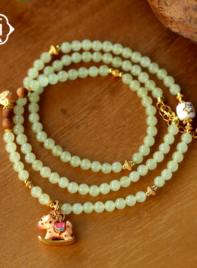 顽石灵冰底料细肉黄口和田玉S925银设计款多圈手串W2-126