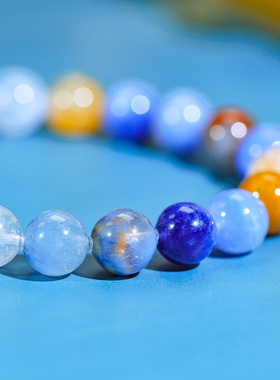 顽石灵 幽蓝如渊毕业级蓝色多彩兔毛水晶单圈手串W2-131