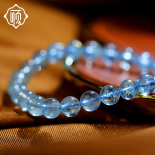 顽石灵森系海洋风收藏级玻璃体海蓝宝石圆珠单圈手串W2-243
