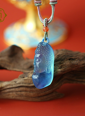 顽石灵 收藏级玻璃体天空之镜蓝精雕海蓝宝石吊坠W1-450