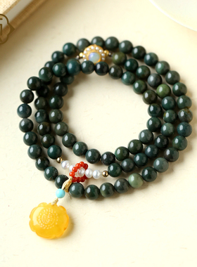 顽石灵 收藏级黑森林绿色阿拉善玛瑙S925银多圈手串W1-4