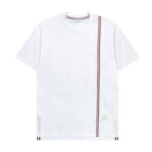 现货tb jl纯棉夏季左侧长织带圆领T恤休闲时尚彩带短袖男女同款
