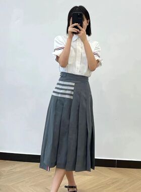 秋冬长裙高腰灰色西装百褶学院风有内衬前短后长白杠长款裙子