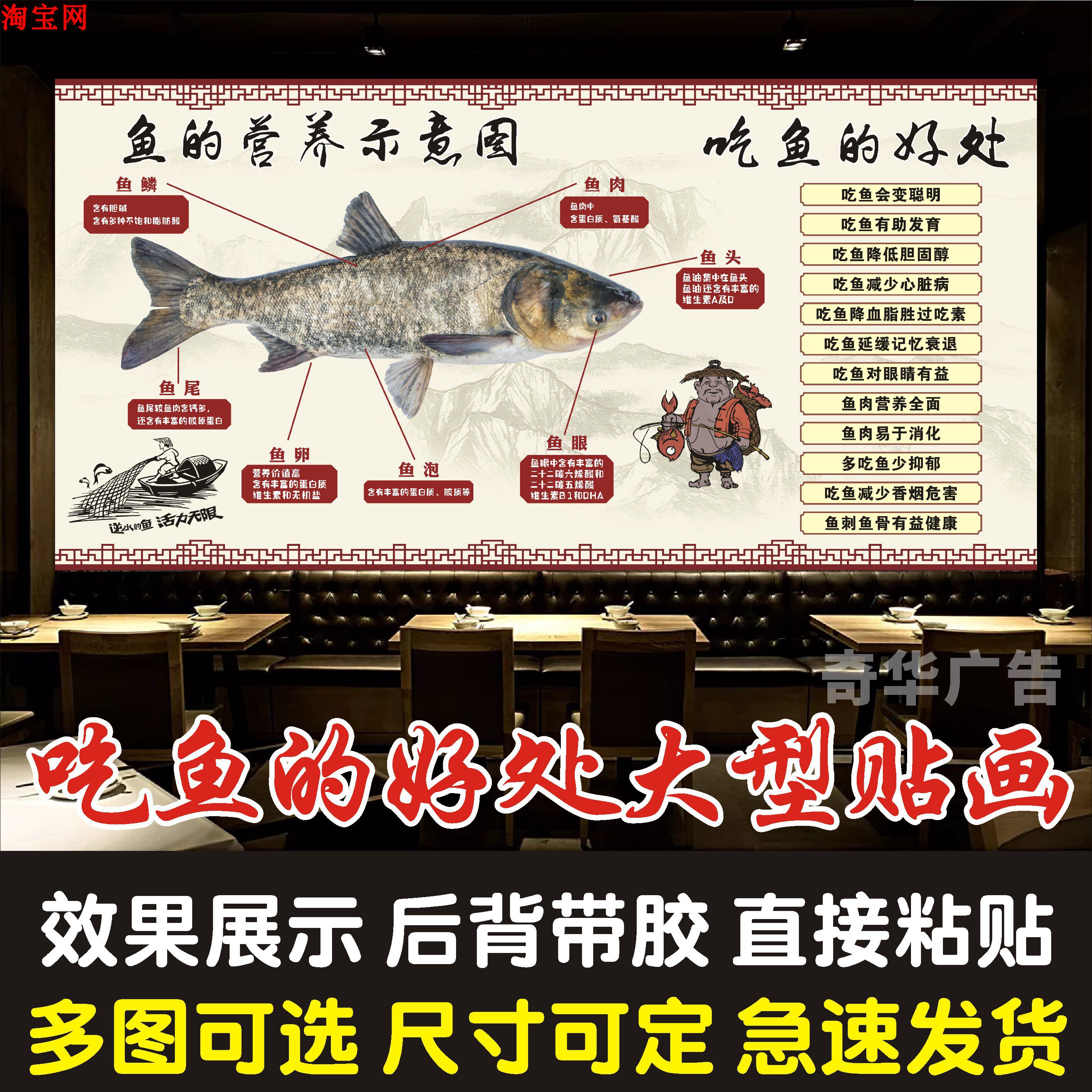 吃鱼的好处贴纸贴画鱼的功效鱼火锅店鱼的营养广告背景墙贴纸壁画