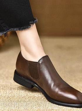 全羊皮断码清仓2.5厘米棕色头层羊皮松紧口圆头平底深口单鞋女