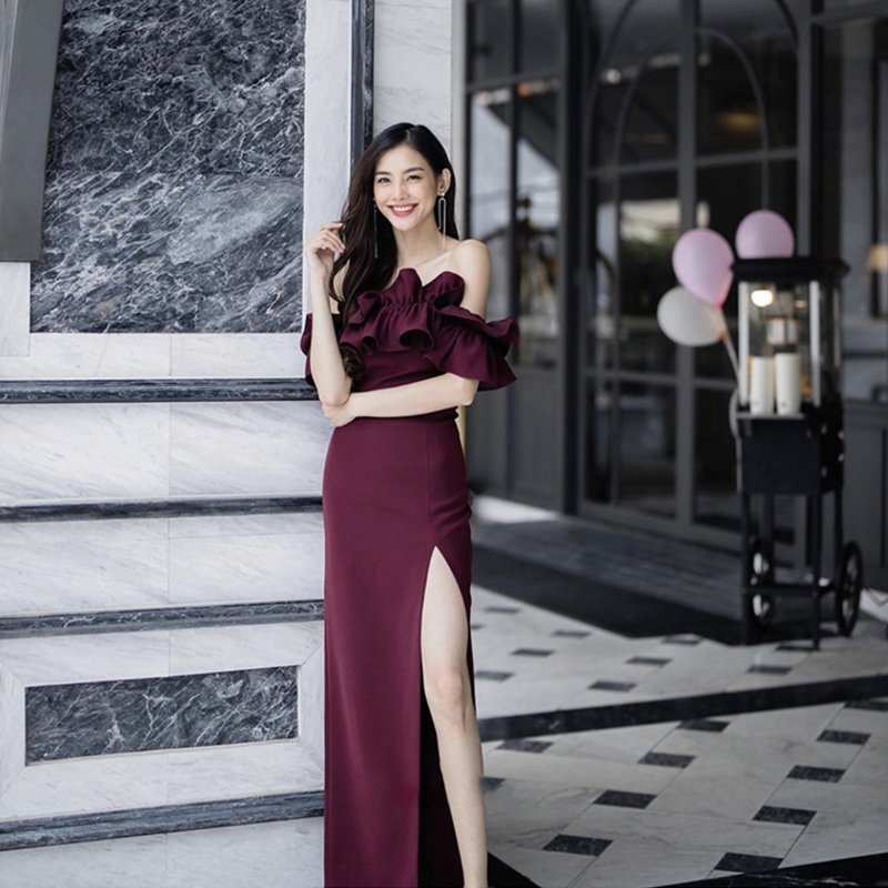 气质修身开叉纯色性感连衣裙