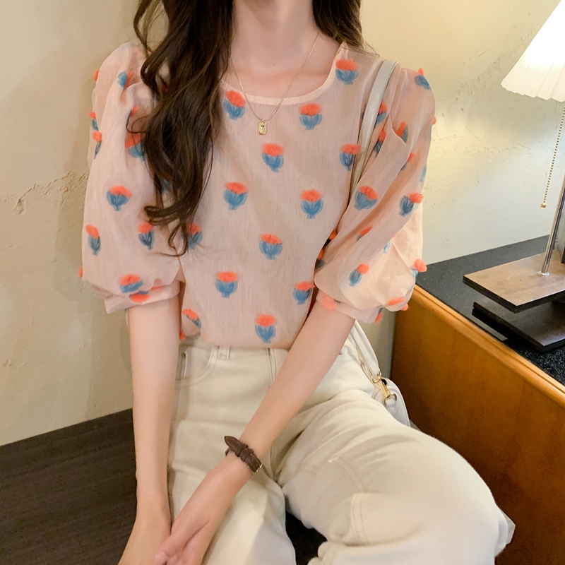 Real price real shot 2021 new Korean loose and versatile stand collar LACE SHORT SLEEVE SHIRT women's Chiffon summer shirt