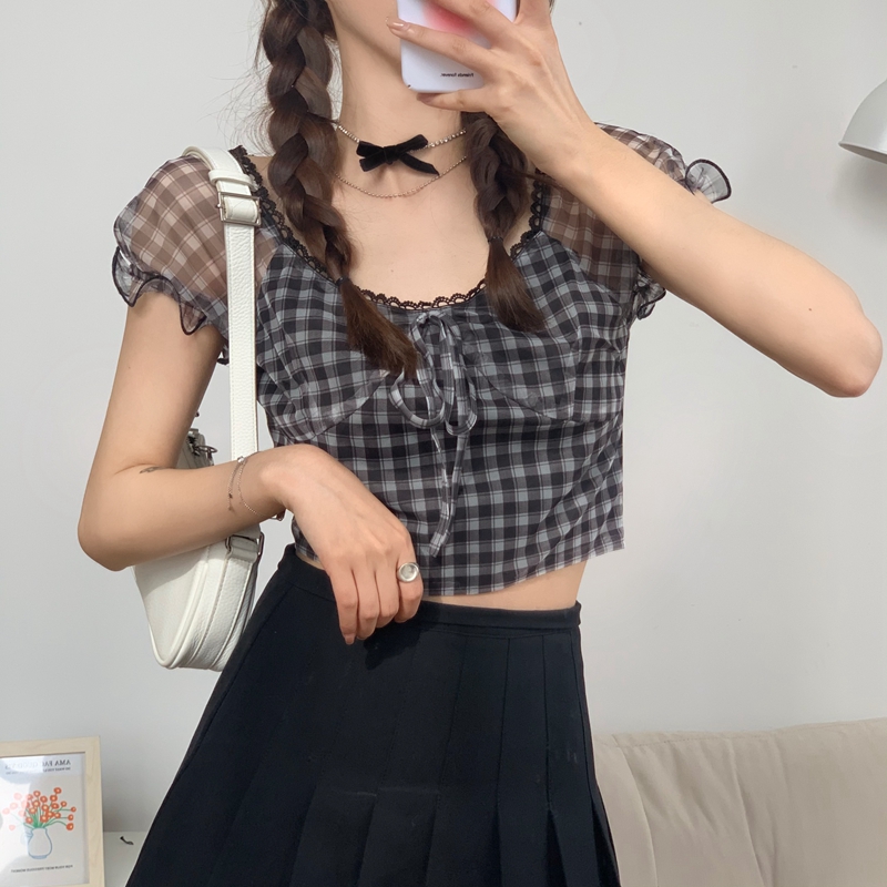 Real price real shot 2021 summer new sweet and salty top women's new summer Plaid Shirt