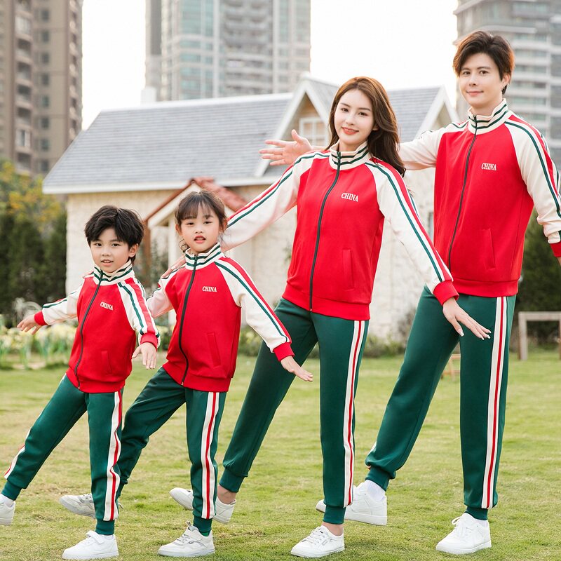 亲子装幼儿园校服全家装母女母子运动套装休闲儿童小学生班服红色