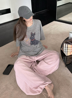 超火韩系慵懒休闲运动套装女夏季减龄灰色短袖粉色阔腿裤两件套装