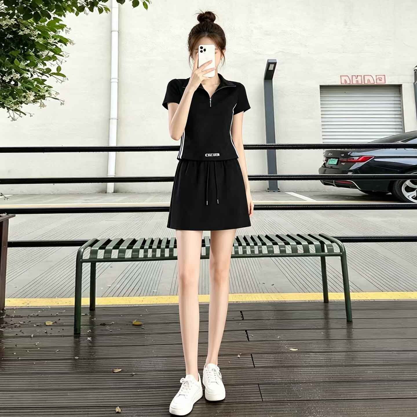黑色休闲运动套装女夏季图片