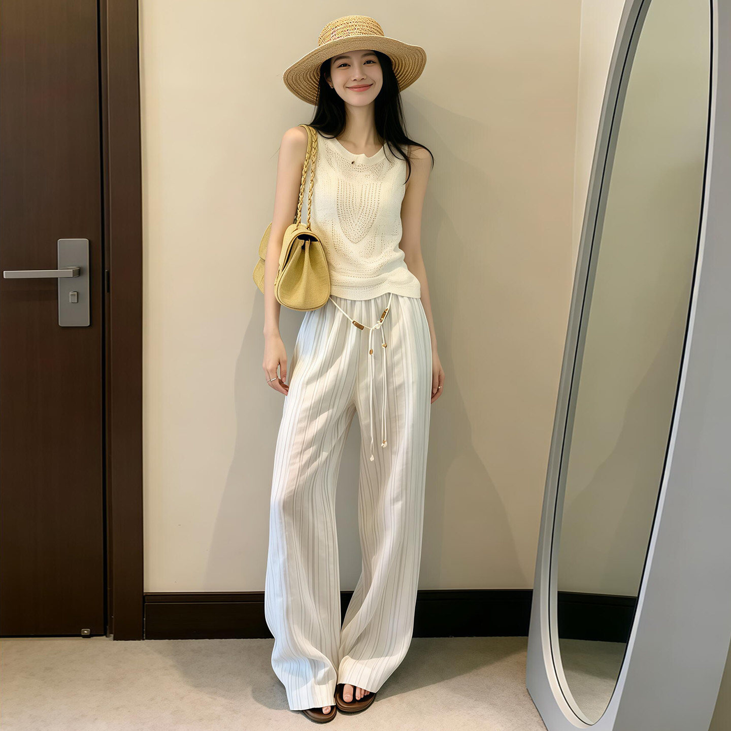 韩系高级感休闲运动套装女夏季减龄白色背心竖条纹阔腿裤两件套装