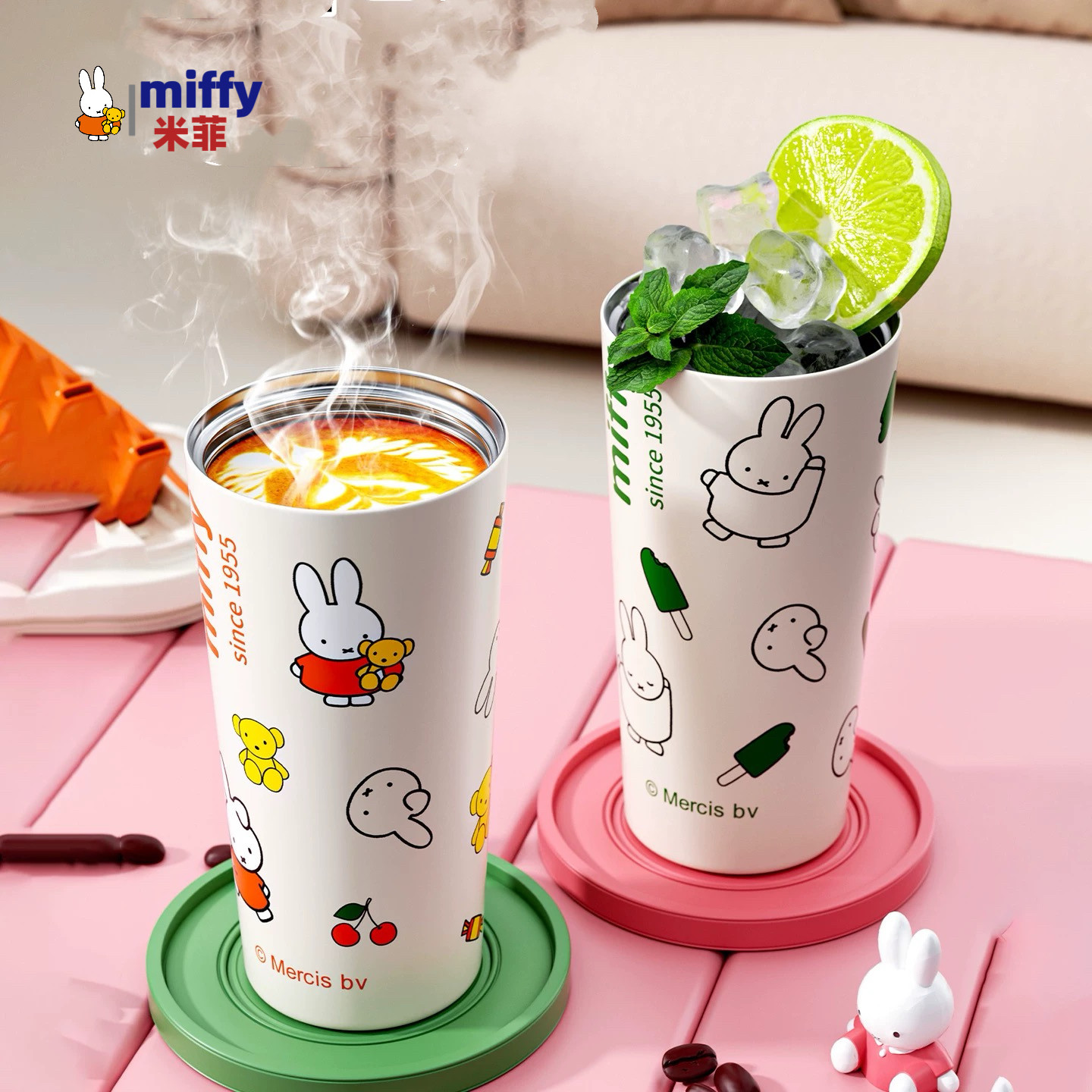 MIFFY米菲不锈钢316内胆卡通高颜值咖啡杯便携带吸管双饮口保温杯